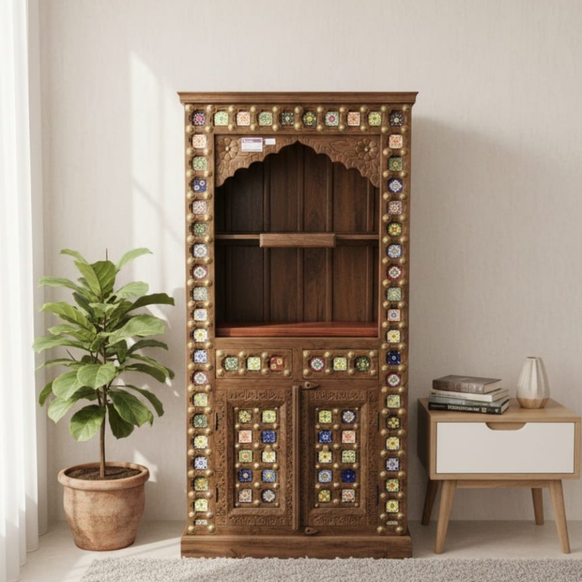 Handcrafted Wooden Home Temple with Ceramic Tile Work & Storage - Image 2