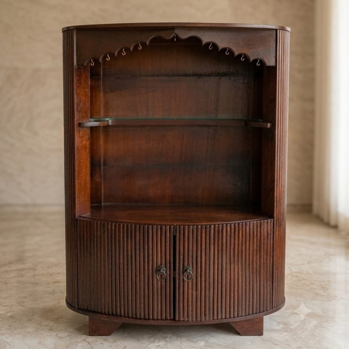 Modern Curved Wooden Pooja Mandir with Storage Cabinet