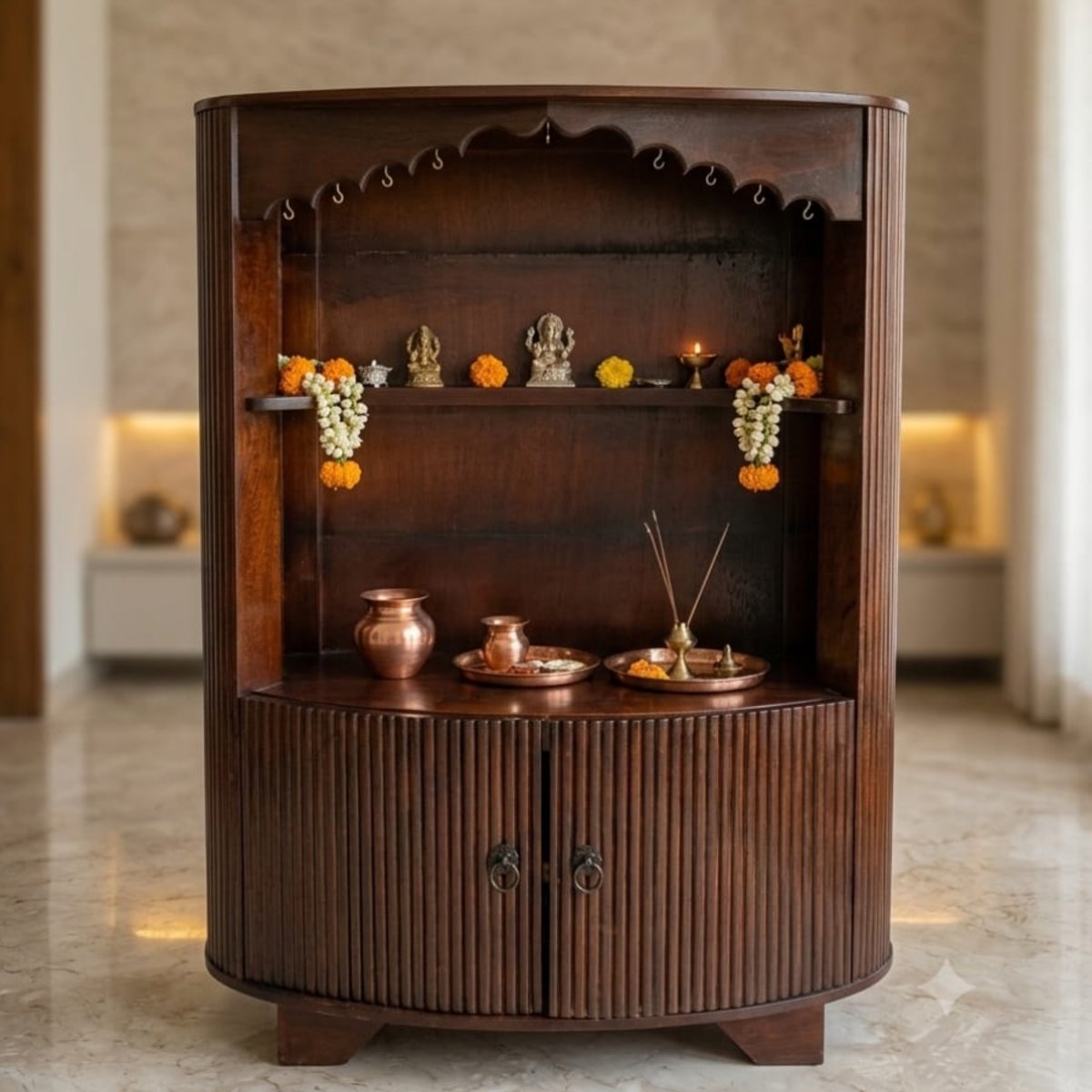 Modern Curved Wooden Pooja Mandir with Storage Cabinet - Image 2