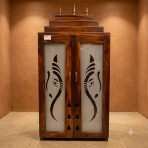 Premium Solid Wood Home Mandir with Ganesha Frosted Glass Doors