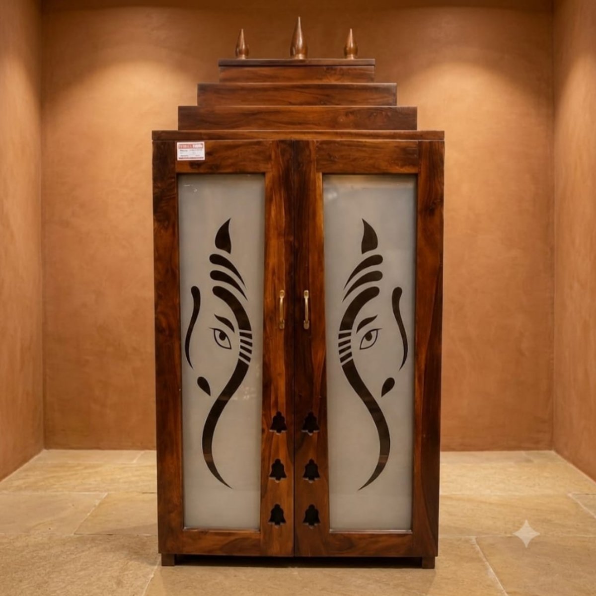 Premium Solid Wood Home Mandir with Ganesha Frosted Glass Doors
