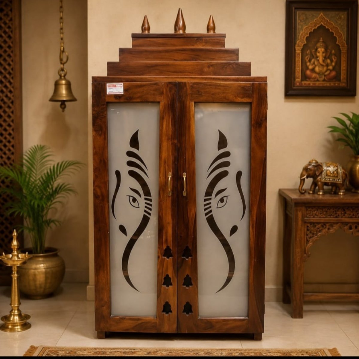 Premium Solid Wood Home Mandir with Ganesha Frosted Glass Doors - Image 2