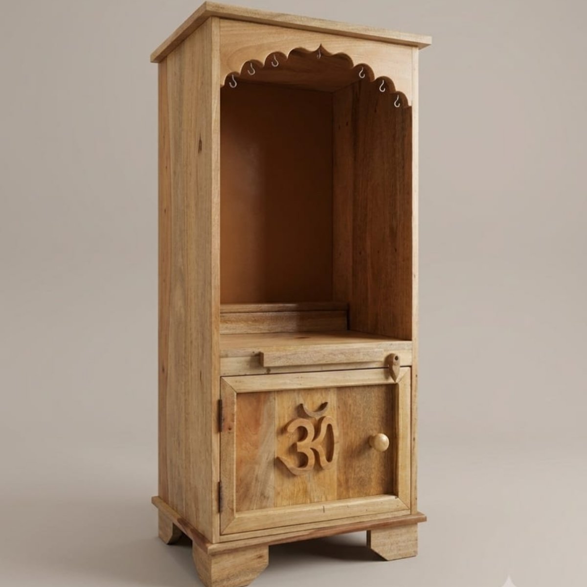 Solid Wood Home Temple with Om Engraved Cabinet