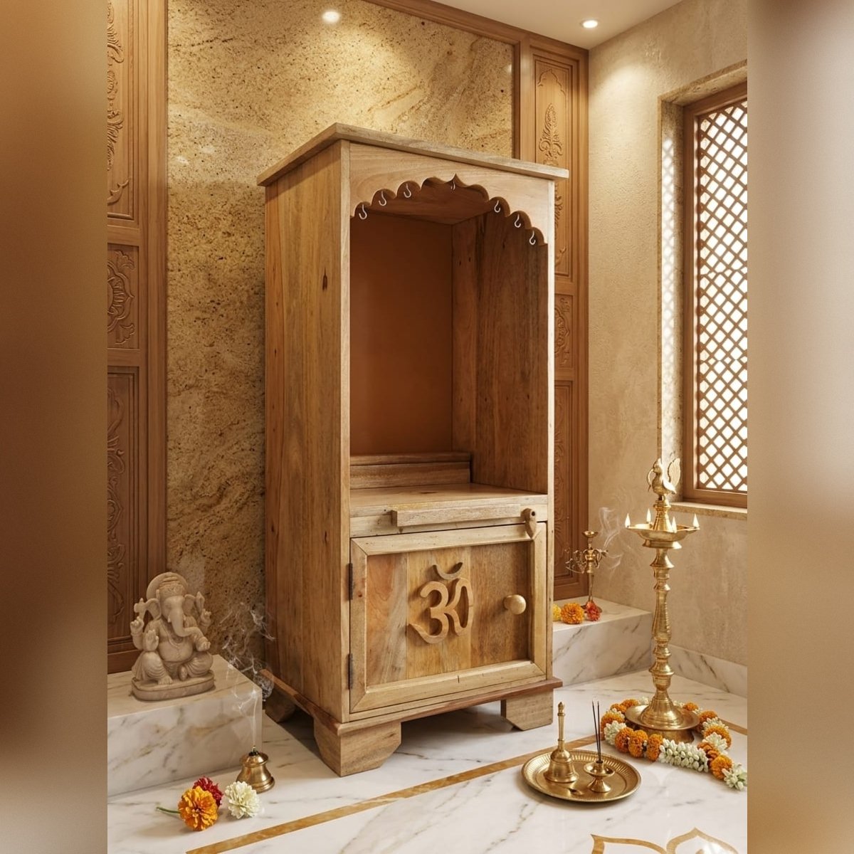 Solid Wood Home Temple with Om Engraved Cabinet - Image 2