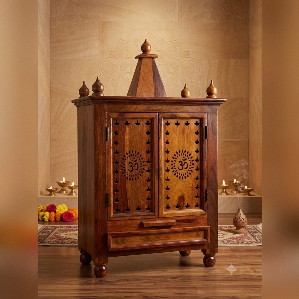 Handcrafted Solid Wood Home Mandir with Doors - Image 2
