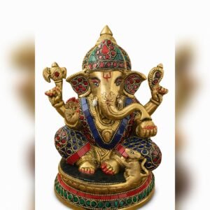 Handcrafted Brass Lord Ganesha Idol with Mosaic Stonework