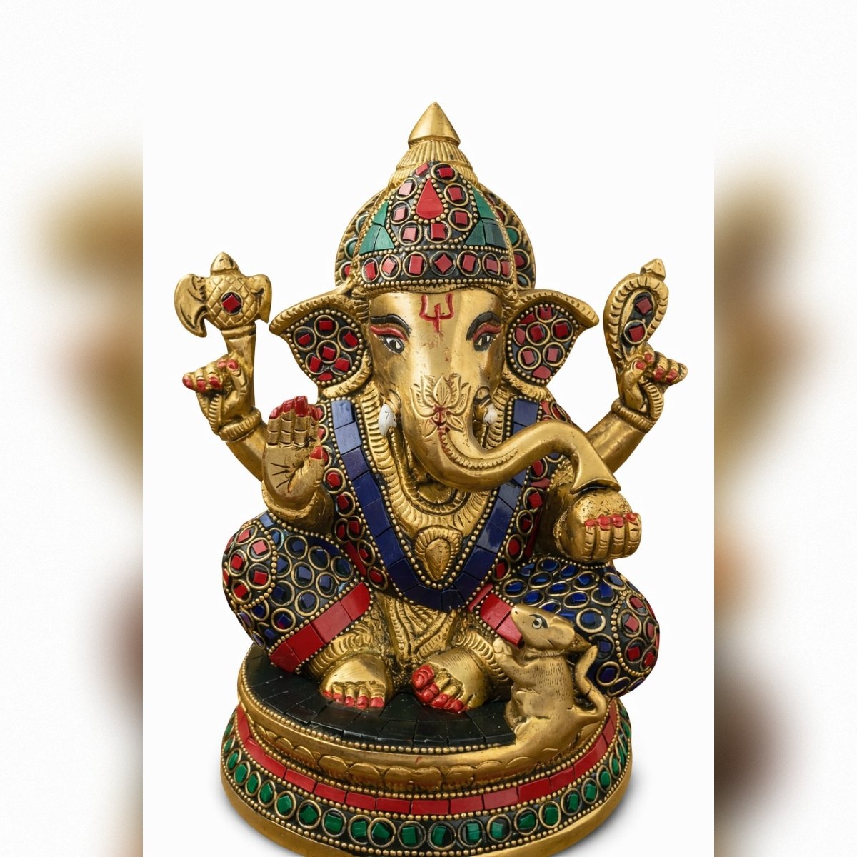 Handcrafted Brass Lord Ganesha Idol with Mosaic Stonework