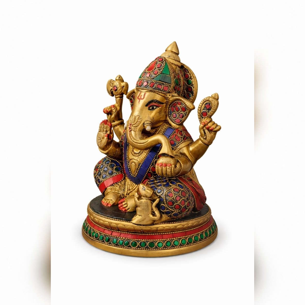 Handcrafted Brass Lord Ganesha Idol with Mosaic Stonework - Image 3