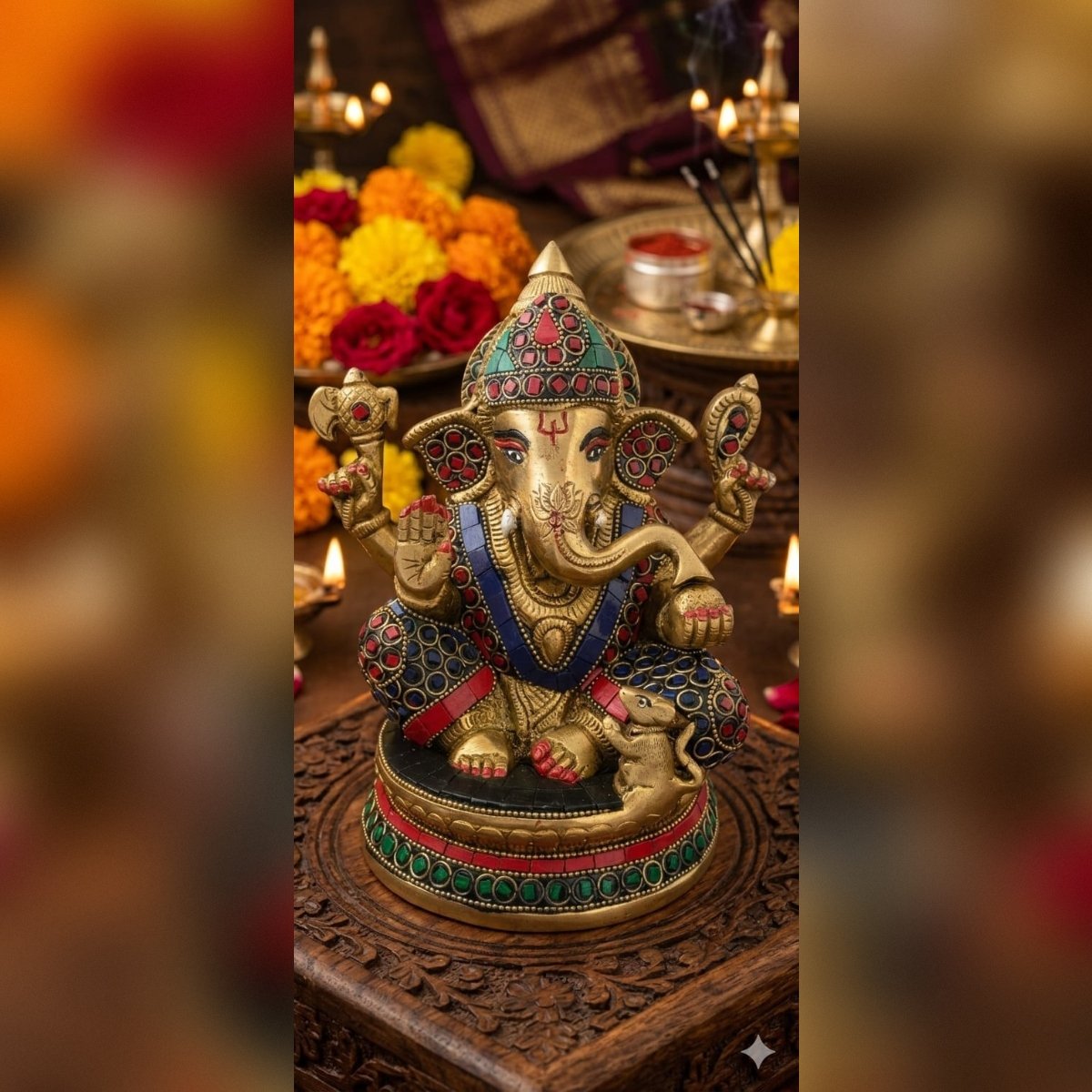 Handcrafted Brass Lord Ganesha Idol with Mosaic Stonework - Image 2