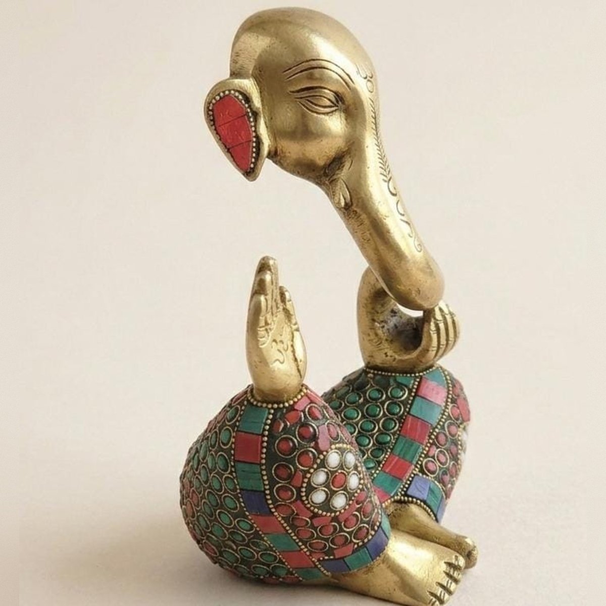 Handcrafted Brass Lord Ganesha Idol with Stone Inlay - Image 2