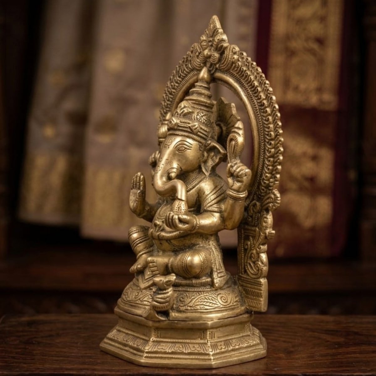 Handcrafted Brass Lord Ganesha Idol with Prabhavali - Image 2