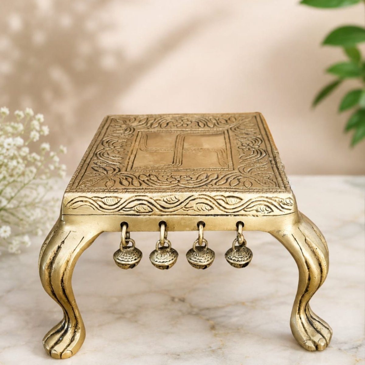 Brass Pooja Chowki with Hanging Bells - Image 2
