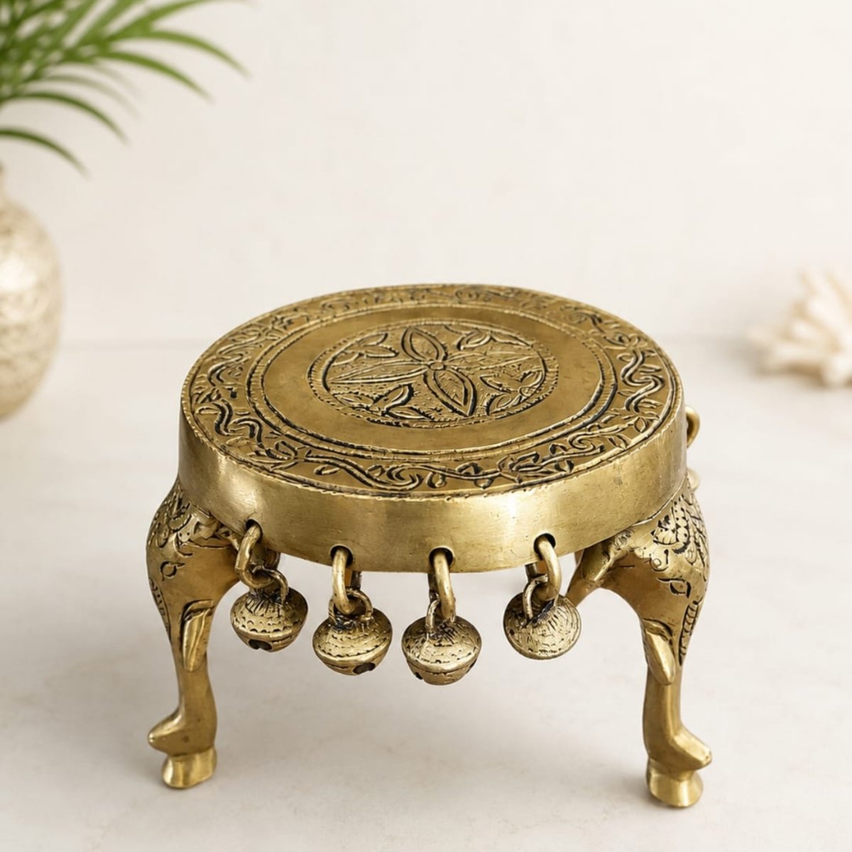 Handcrafted Brass Pooja Chowki with Hanging Bells - Image 2