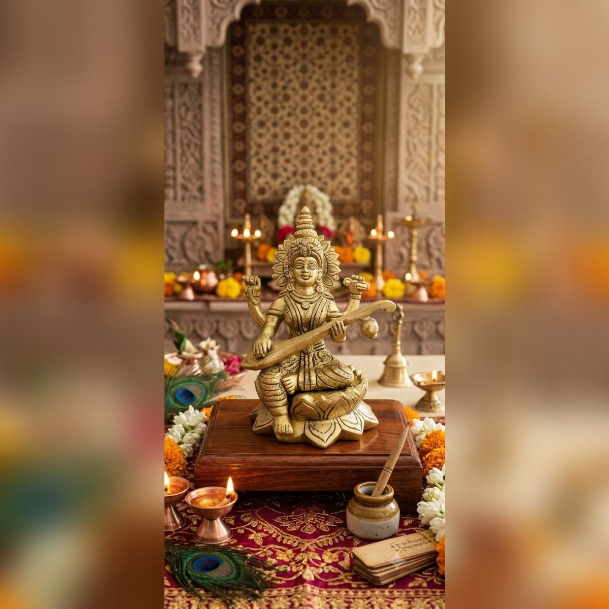 Handcrafted Brass Goddess Saraswati Idol - Image 2